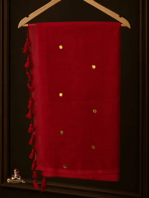 MUL COTTON SAREE  - RUBY RED WITH GOLD MOTIFS